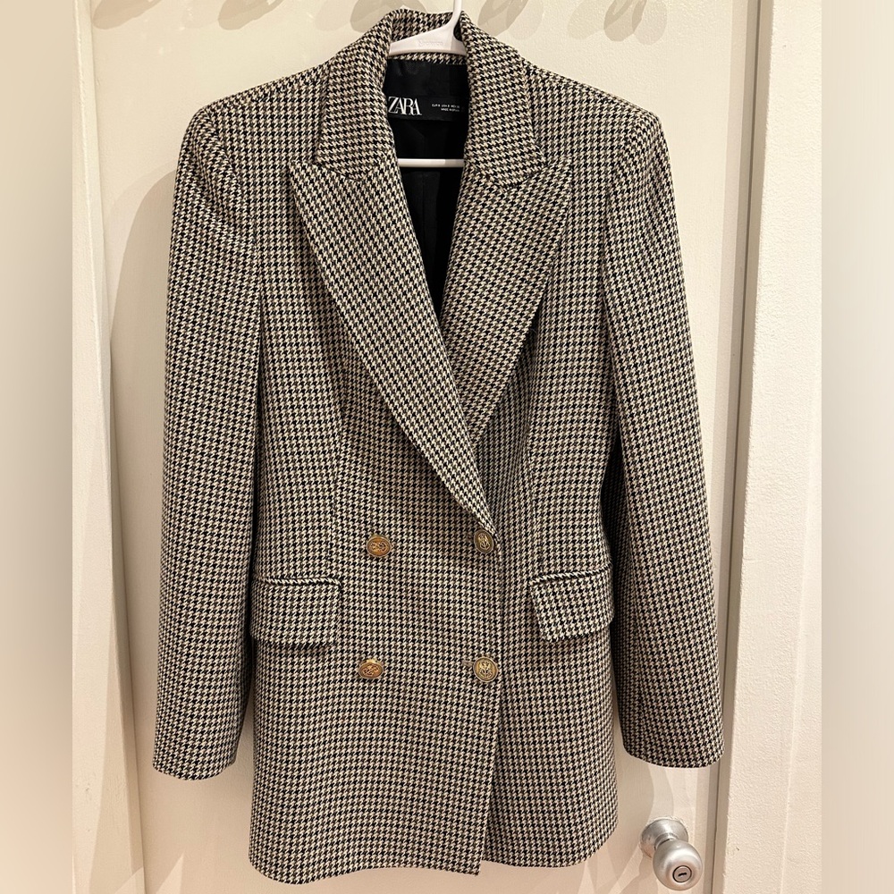 Zara Houndstooth Double-Breasted Blazer Brown/Black - Size S